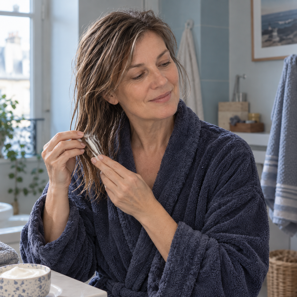 La même femme prend délicatement soin d’une mèche